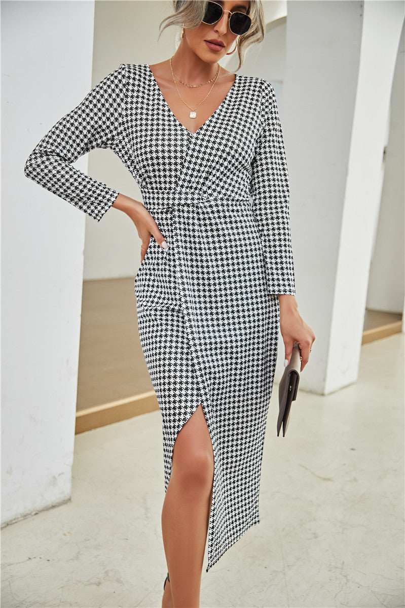 V-neck Long Sleeve Split Dress