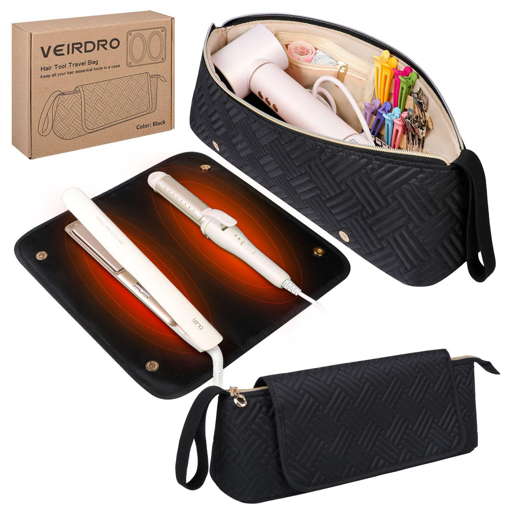 Veirdro Hair Tools Travel Bag with Heat Resistant Mat Portable Hair Tool Organizer Travel Carrying Case for Straightener Flat Iron Curling Iron Hair Dryer& Hair Styling Accessories Women (Black)