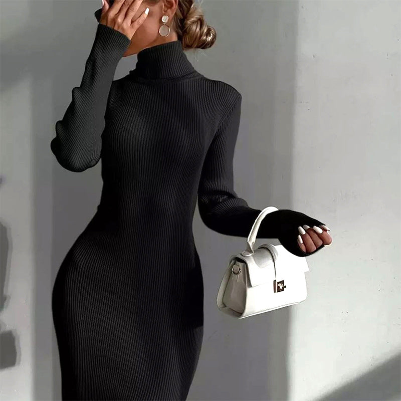 High Neck Long Sleeve Split Dress