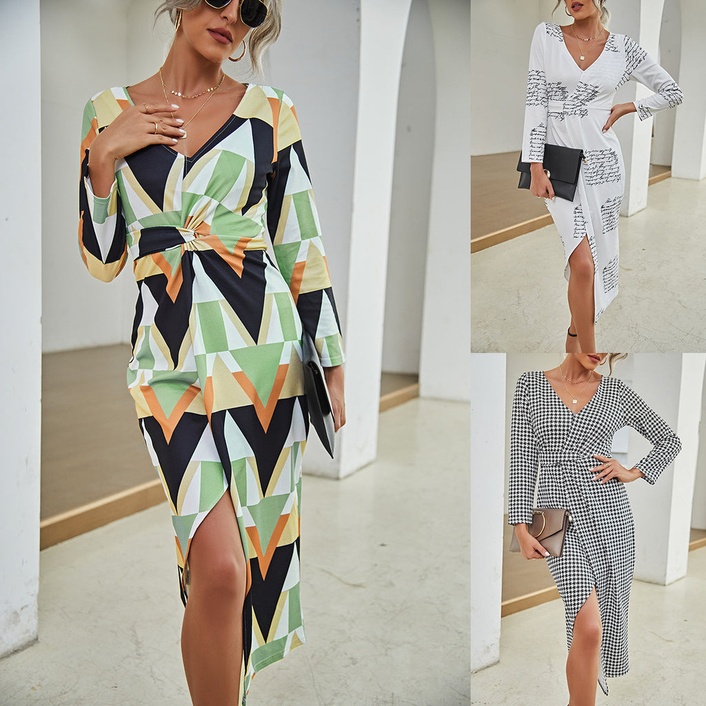 V-neck Long Sleeve Split Dress