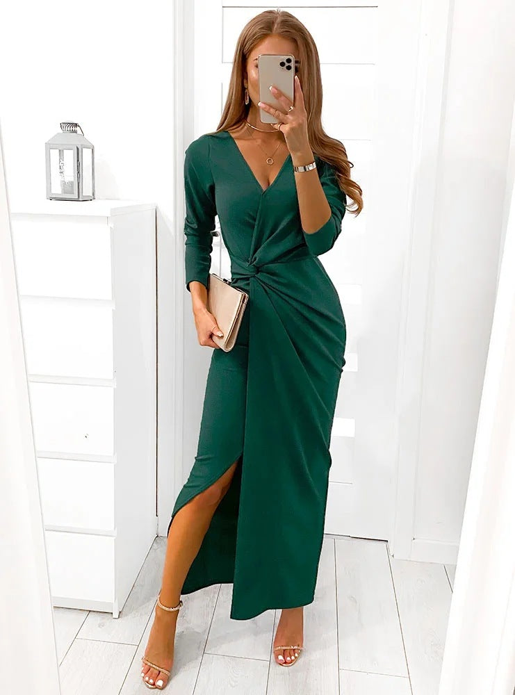 V-neck Long Sleeve Split Dress